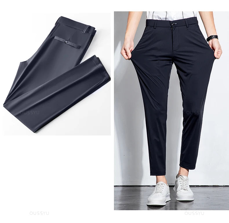 Summer Stretch Suit Pants Men Thin Business Solid Color Slim Ankle-Length Casual Formal Office Trousers Male Plus Size 28-38.