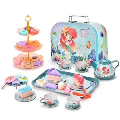 Kids Tea Party Set For Little Girls Mermaid Gift Pretend Toy Tin Tea Set Princess Tea Time Kitchen Pretend Play Tea Set Gift