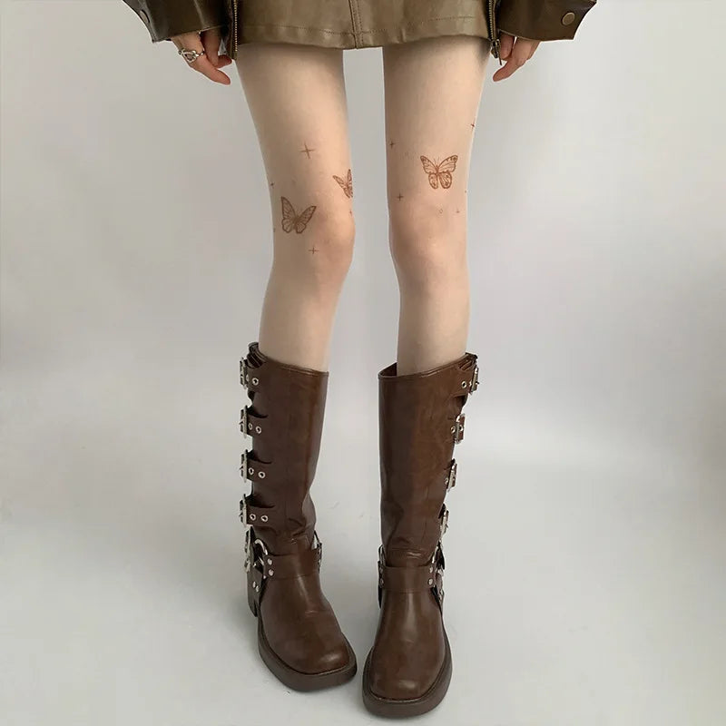 Sexy Butterfly Tights Vintage Y2K Fake Tattoo Butterfly Black Transparent Silk Pantyhose Women Lolita Summer Ultra-thin Stocking.