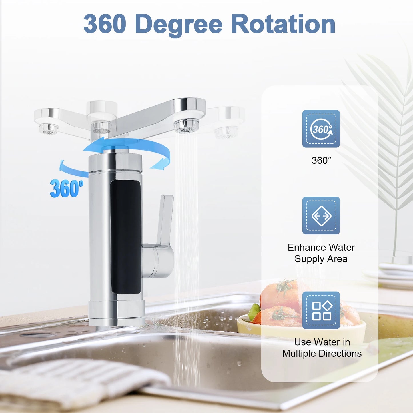 3000W Electric Instantaneous Hot Water Tap LED Stainless Steel Faucet with Digital Display Bathroom Kitchen Cold Heating Faucet