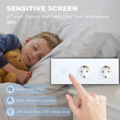 BSEED 1/2/3Gang Touch Licht Schalter 1Way Einfache Sensor Schalter Typ-c USB Steckdosen EU Standard glas Panel Blaue Hintergrundbeleuchtung 10A Weiß.