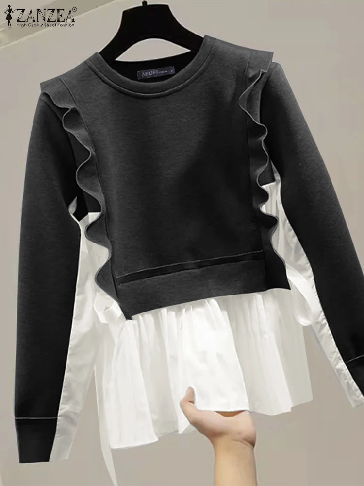 ZANZEA Plus Size Sweatshirts Elegante Pullover Herbst Langarm Damen Gut sitzende O-Ausschnitt Hoodies 2-teilige Strickpullover 5XL