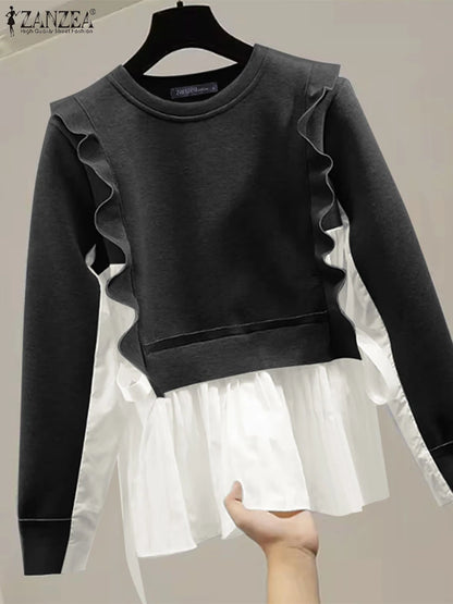 ZANZEA Plus Size Sweatshirts Elegante Pullover Herbst Langarm Damen Gut sitzende O-Ausschnitt Hoodies 2-teilige Strickpullover 5XL