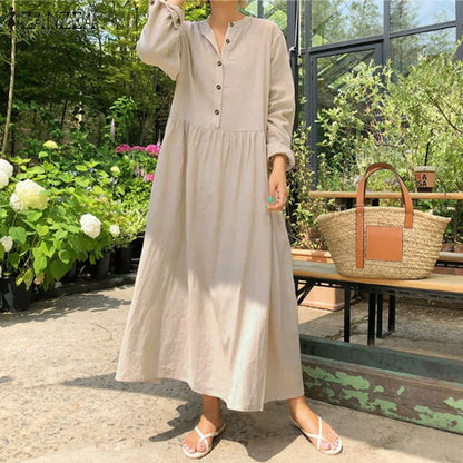 Women's Elegant Solid Cotton Robe Femme 2022 Spring Autumn Bohemian Maxi Dress ZANZEA Casual Long Sleeve Shirt Dresses Oversized.