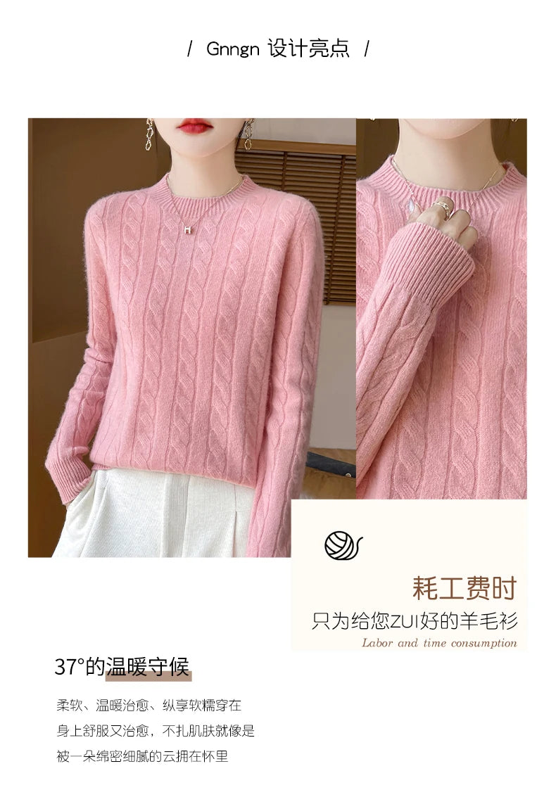 Frauen 100% Merino Wolle Verdickung Pullover Oansatz Gestrickte Twisted Pullover Herbst Winter Kaschmir Langarm Kleidung Basis Tops.