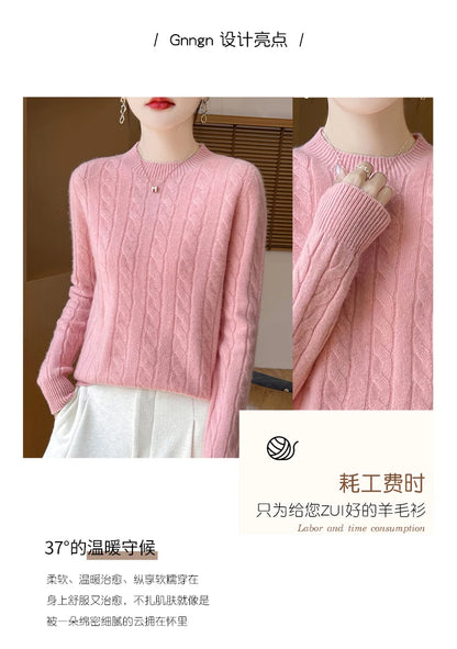 Frauen 100% Merino Wolle Verdickung Pullover Oansatz Gestrickte Twisted Pullover Herbst Winter Kaschmir Langarm Kleidung Basis Tops.