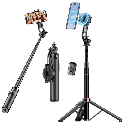Magnetic Selfie Stick Tripod for iPhone, 51" Phone Tripod Stand Compatible with Magsafe Travel Tripod for iPhone Android Phones.