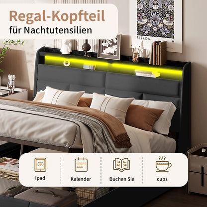 Lazyspace hydraulische Doppelbetten, modernes PU-Bettgestell mit Stauraum, gepolsterte Betten mit LED-Leuchten, Schlafzimmermöbel für Zuhause