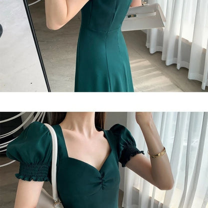 Solide Puff Kurzarm Elegante Schlitz Kleid Neue Mode Frauen V-ausschnitt Volle Kleider Damen Hohe Taille Schlank Abend Party Vestidos.