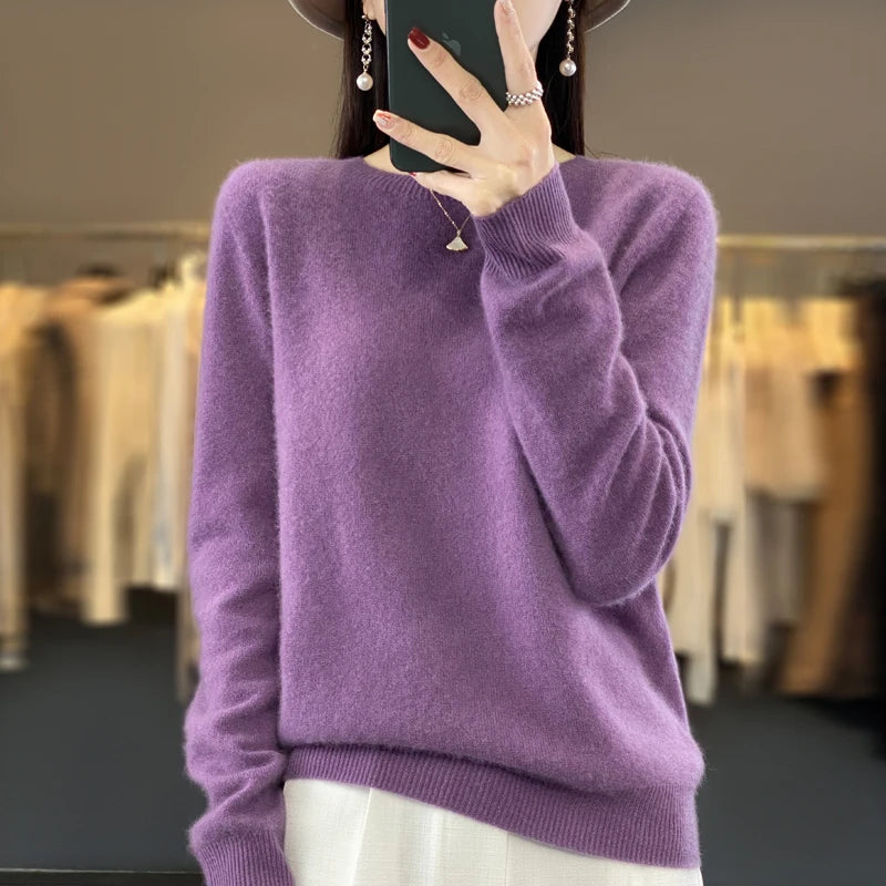 100% Merino Wool Sweater Women O-neck Cashmere Knitwear Female Pullover Autumn Winter Casual Tops Solid Color Soft  Clothing.
