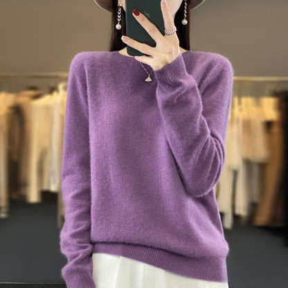100% Merino Wool Sweater Women O-neck Cashmere Knitwear Female Pullover Autumn Winter Casual Tops Solid Color Soft  Clothing.