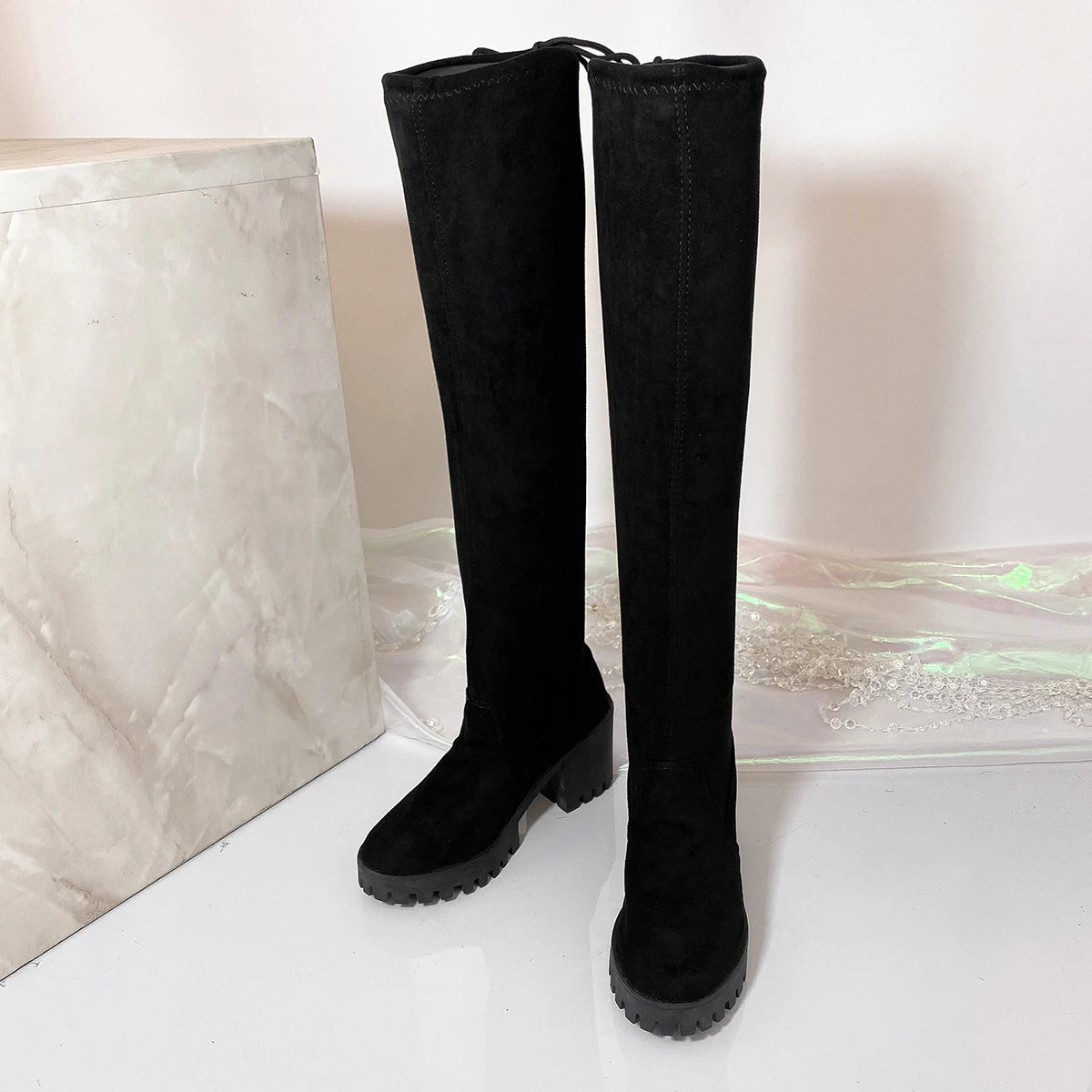 2025 Spring and Autumn Winter Over The Knee Boots Stretch Skinny Leg Long Tube Women's Boots Round Toe High Heel Plus Size.