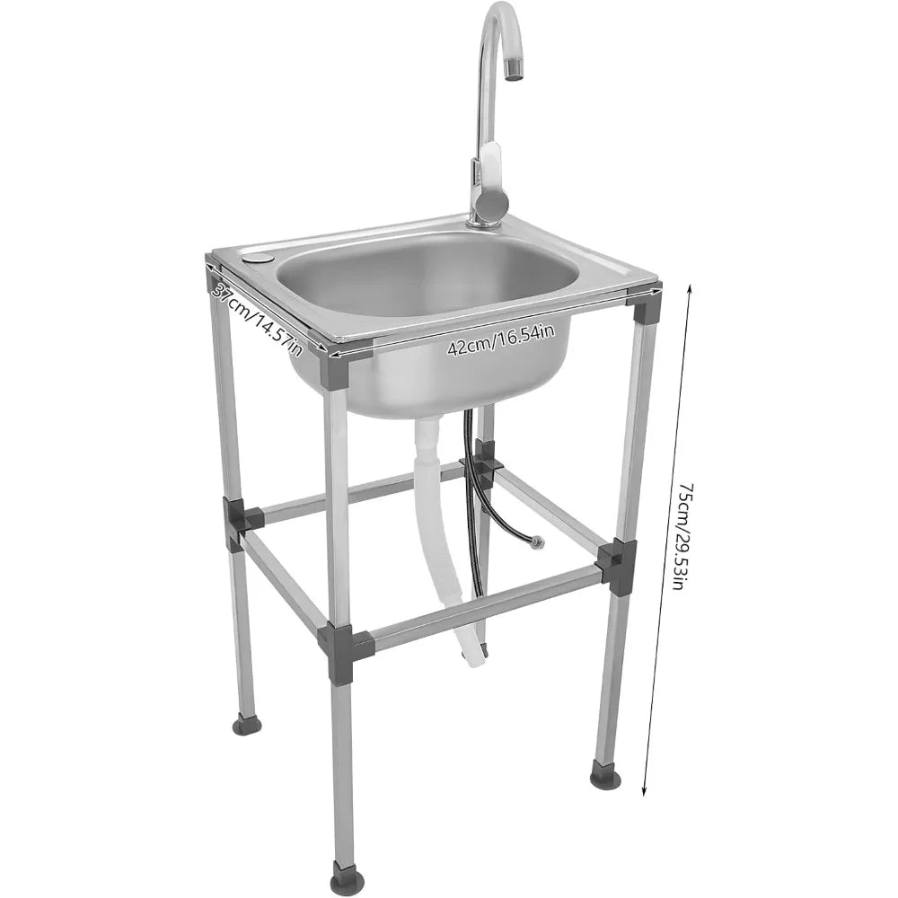 Küchenspüle, kommerzielles Waschbecken aus Edelstahl mit Warm-/Kaltwasserhahn und Wasserrohren, Küchenspüle für Zuhause, Restaurant, 42 x 37 x 75 cm