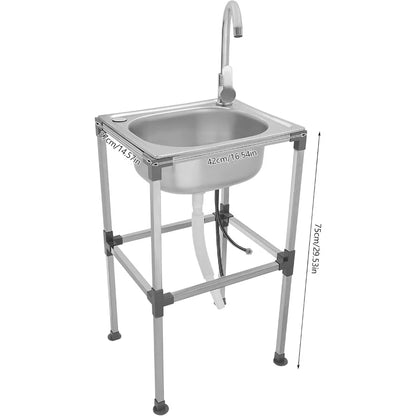 Küchenspüle, kommerzielles Waschbecken aus Edelstahl mit Warm-/Kaltwasserhahn und Wasserrohren, Küchenspüle für Zuhause, Restaurant, 42 x 37 x 75 cm