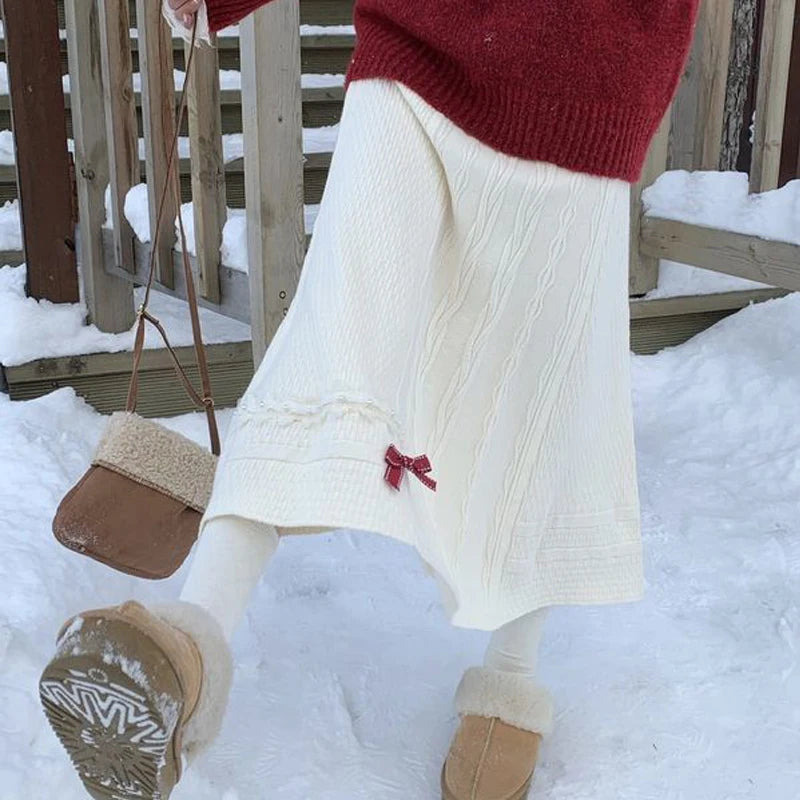 Clothes for Women Autumn Winter Japanese Style Kawaii Sweet Chic Knitted Skirts Female High Waist Solid Loose A-line Midi Skirt.