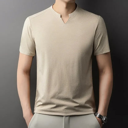 Korean Men's Casual and Fashionable Small V-neck Solid Color Short Sleeved T-shirt Comfortable Summer Versatile Top