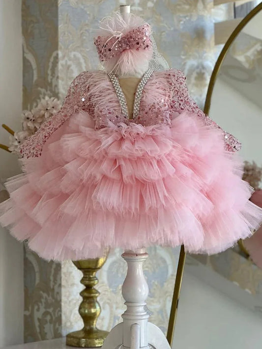 Wunderschönes und elegantes langärmliges Mädchenkleid mit V-Ausschnitt und Pailletten für Kinderklavieraufführungen, Laufsteg-Performance-Mesh-Kuchenkleid.