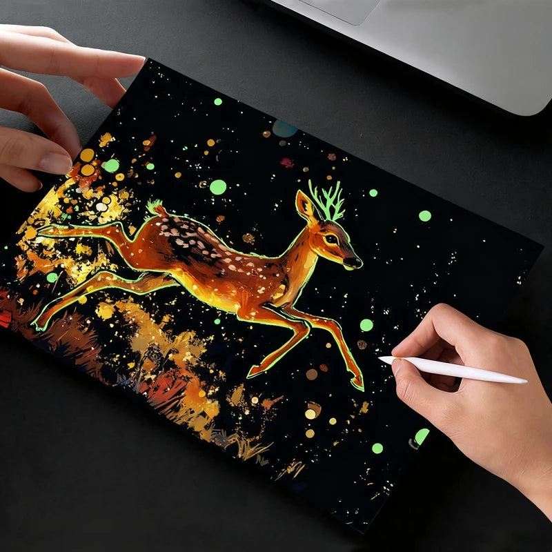 4PCS Glow in Dark Scratch Paper Animals Cards Magic Painting Art with Stylus Stress Relief Drawing Toy DIY Craft Kids Adult Gift.