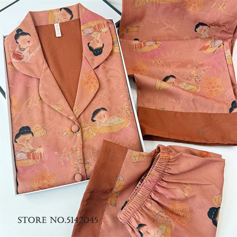 Chinese Style Print Flower 3PCS Pajamas Set Loungewear Summer New Women Sleepwear Short Sleeve Trouser Suit Silk Satin Homewear.