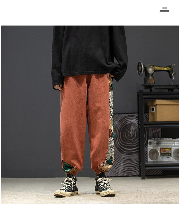 Fashion Casual Pants Men's Clothing Cotton Japanese Samurai Embroidery Patchwork Harem Trousers Oversized Harajuku Joggers Male.
