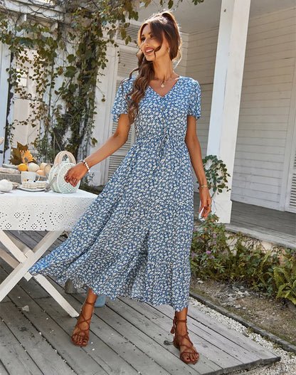 Damen Vintage Lange Blumen Druck Sommer Kleid Frauen Lose Beiläufige Taste Böhmischen Strand Kleid Frauen Sommerkleid Robe Vestidos Weibliche.