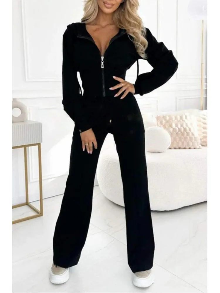 Autumn And Winter Hooded Zipper Jacket Tight Solid Color Two-piece Sets Women Fashion Casual New Wide Leg Pants 2 Piece Set.