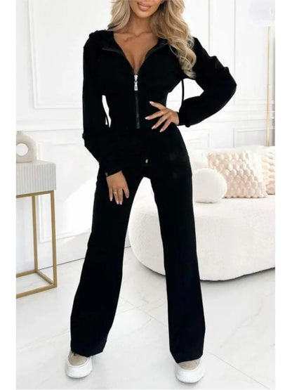 Autumn And Winter Hooded Zipper Jacket Tight Solid Color Two-piece Sets Women Fashion Casual New Wide Leg Pants 2 Piece Set.