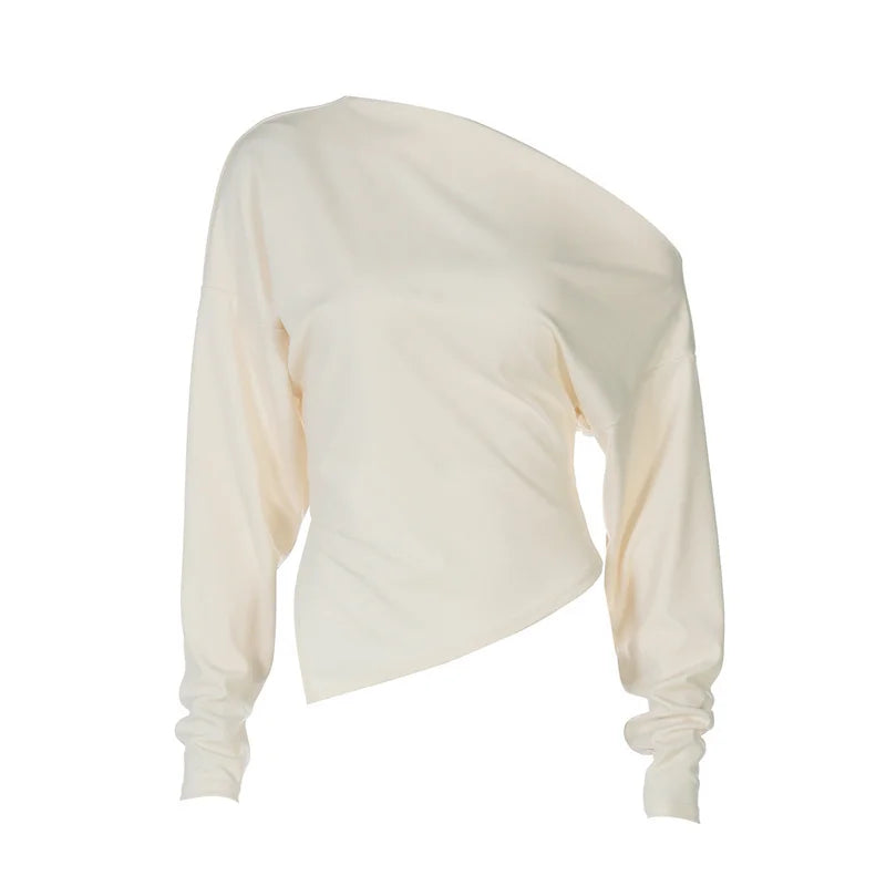 Mozision Inclined Shoulder Long Sleeve Sexy T-shirt Women Autumn Fashion Solid Skew Collar Backless Ruched Club Party T-shirts