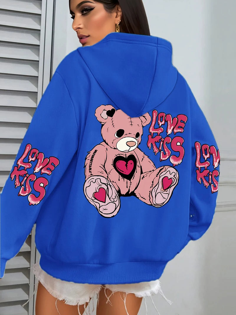 Rosa Liebe Kuss Kunst Brief Drucke Hoodies Frauen Tasche Herbst Hoody Fleece Mehrfarbige Streetwear Unisex Hip Hop Y2K Kleidung.