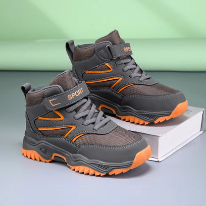 New Boys' Sports Shoes Non-slip School Children's Leather Breathable Running Black Fashion Hiking Shoes Sneaker Size 29-40.