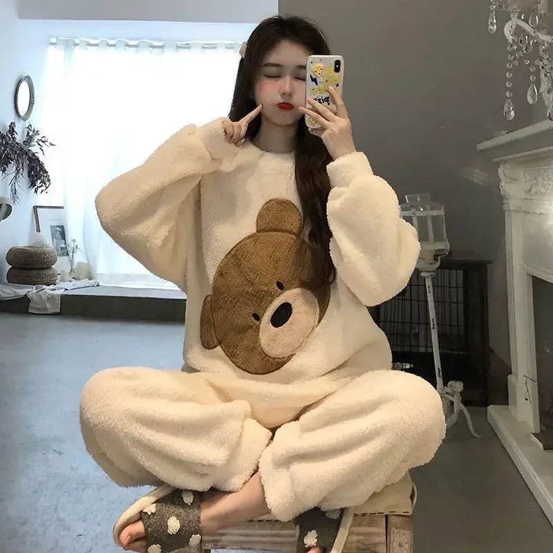 Thickened Warm Women Winter Two Pieces Set Flannel Homewear Pajamas O-Neck Loose Cute Cartoon Bear Ladies Sleepwear Loungewear.