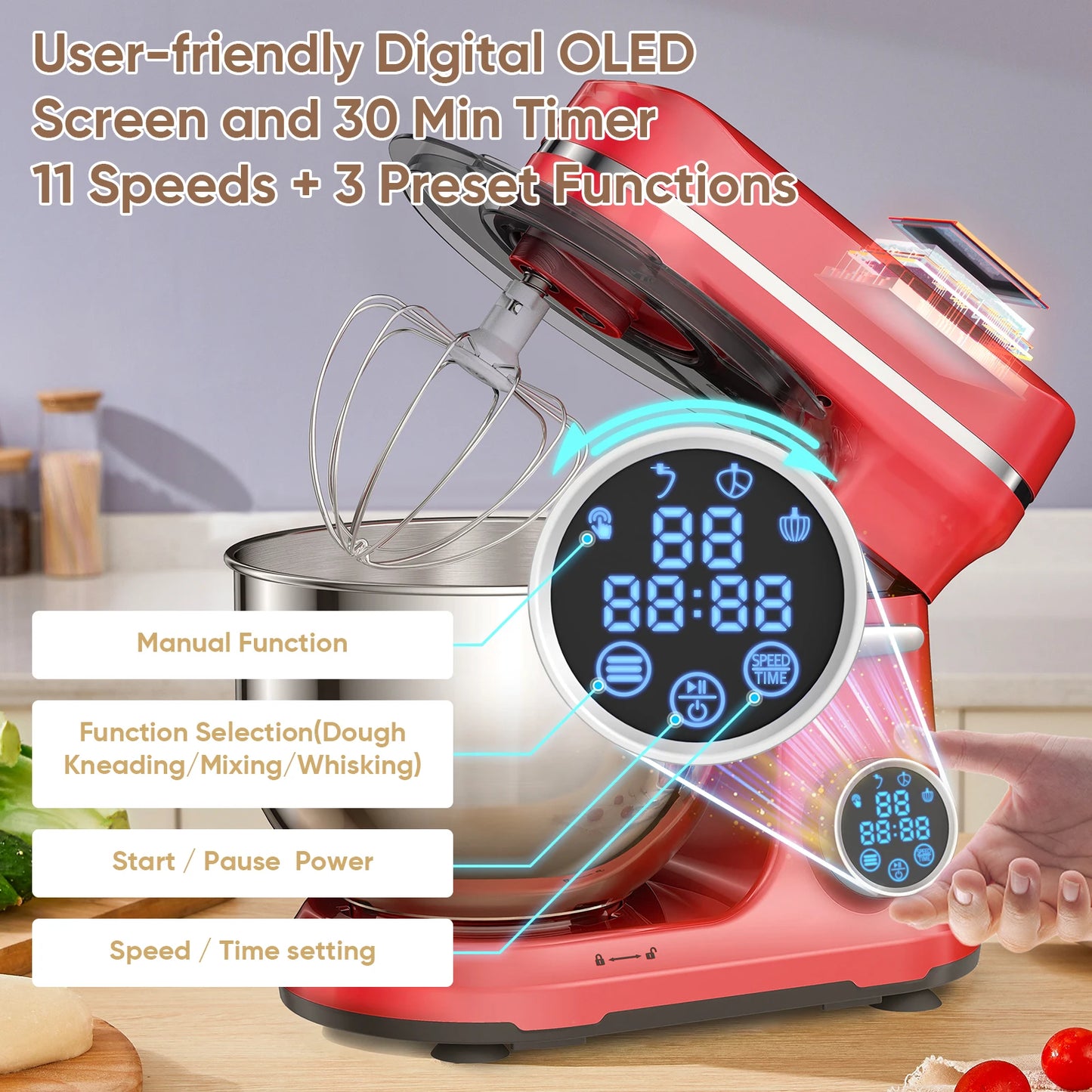BioloMix Kitchen Food Stand Mixer, 1200W 11-Speeds DC Motor, Digital OLED Screen, Electric Food Mixer with Dough Hook, Whisk.
