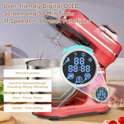 BioloMix Kitchen Food Stand Mixer, 1200W 11-Speeds DC Motor, Digital OLED Screen, Electric Food Mixer with Dough Hook, Whisk.