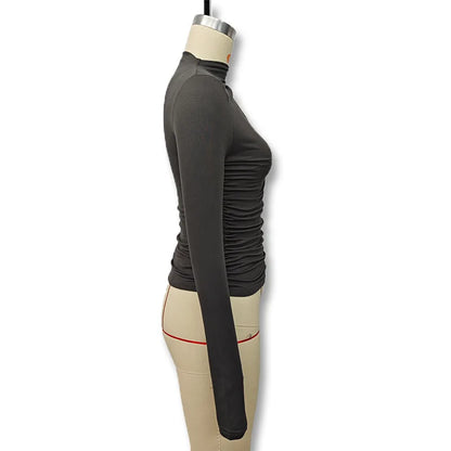 2025 Autumn Solid Color Folds Turtleneck Slim T Shirt Women Long Sleeves Bottoming Shirt Ladies Tee Shirt Tops Camisetas Mujer