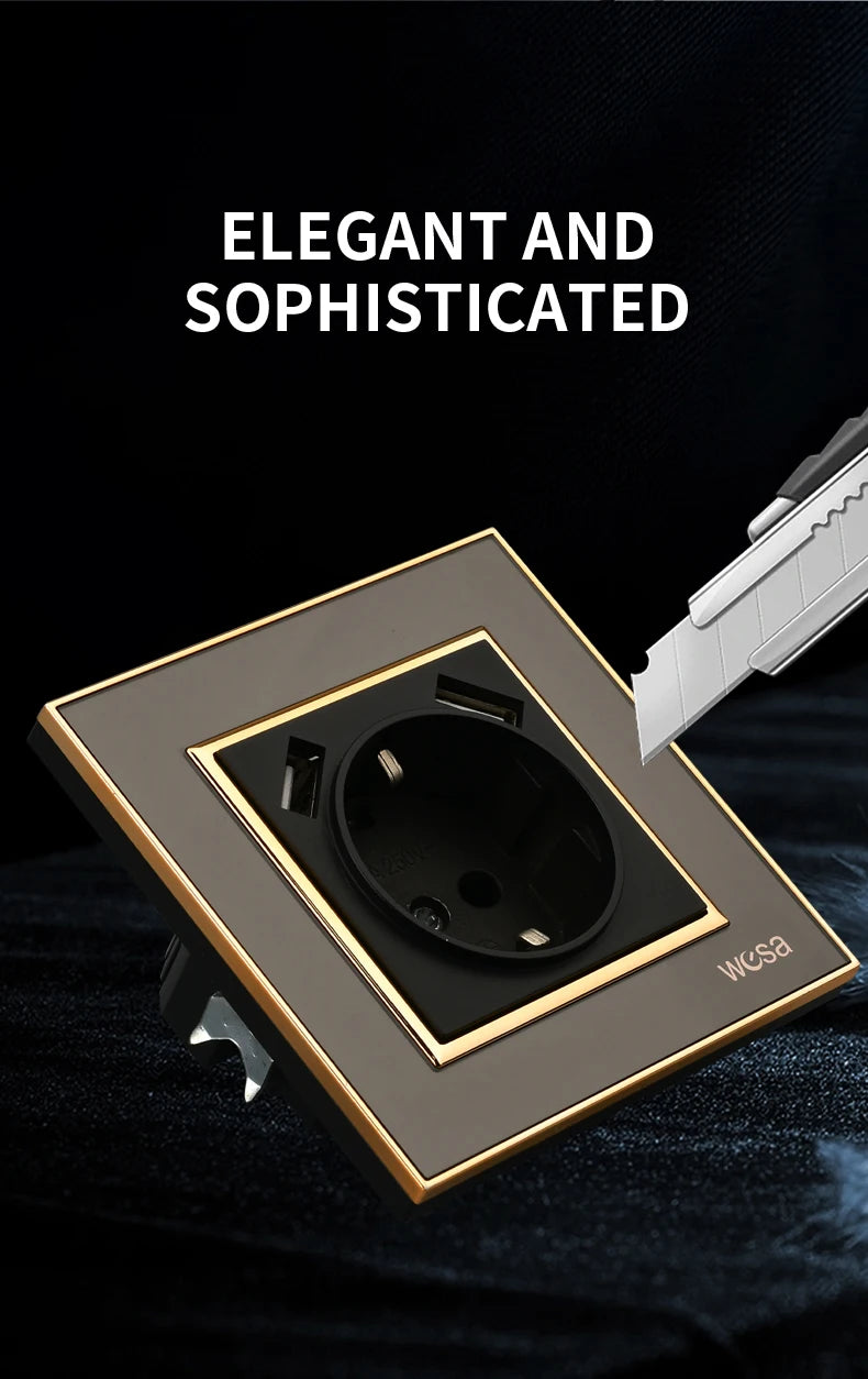 WESA Schwarze Spiegel-Acryl-Steckdose mit 2 USB-Steckdosen nach EU-Standard, Standard-Erdungsstecker, Steckdose, flammhemmend.