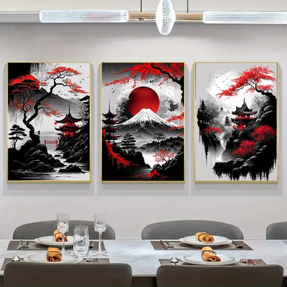 3pcs Frameless Japanese Natural Landscape Canvas Painting Black And Red Posters Vintage Ink Art Wall Prints For Living Room Home.