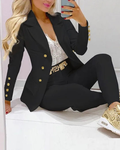 Casual Solid Suit Coat Pants Set Office Lady Autumn Fashion Elegant Long Sleeve Top Trousers Two Piece Set Women Outfit 2023.