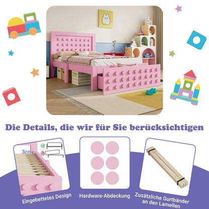 Jugendbett mit kreativem Blockdesign, Gestell aus Massivholz mit Gitterrost, mit Stauraum unter dem Bett, ohne Matratze