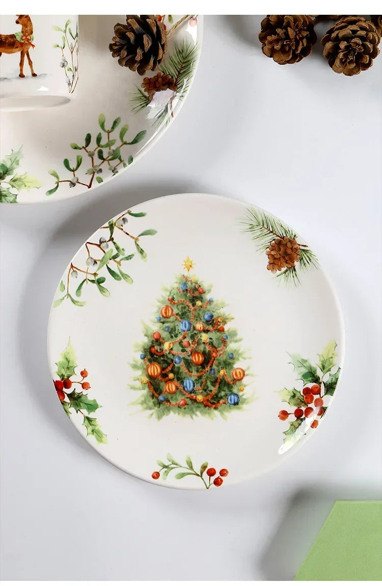 Christmas Tree Ceramic Plate European Style Tableware Coffee Mug Dinner Plates Fruit Snack Western Dishes Kitchen Christmas Gift.