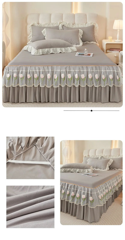 Floral Style Bed Skirt Embroidered Bed Cover Single/Queen/King Size Bed Linen Home Sheet with Skirt 침대스커트(Pillowcase Need Order).
