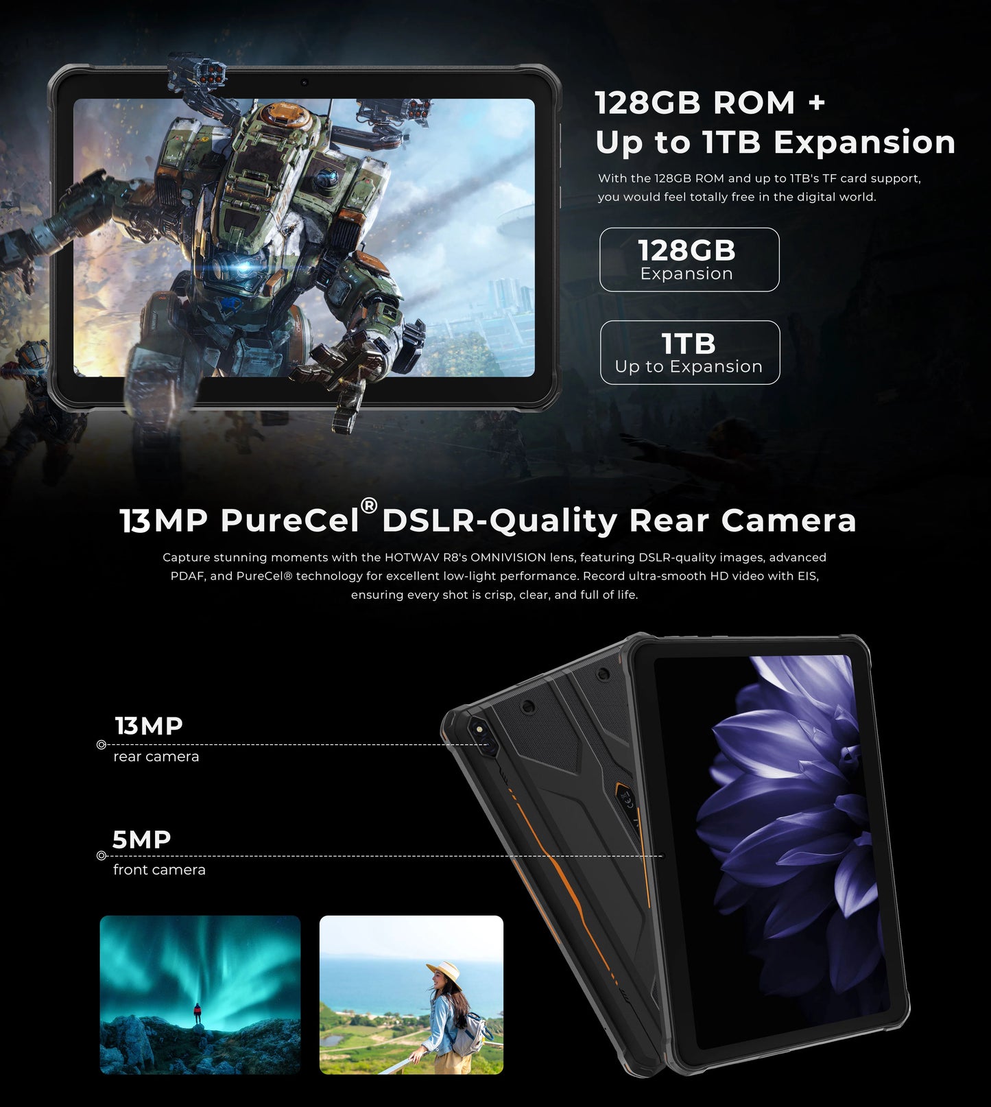 Rugged Tablet HOTWAV R8, 12 (4+8) Go + 128Go, 10.1'', 5MP Front + 13MP Rear Cameras, Android 14.0, 10800mAh Battery, Dual SIM, GPS, 4G.