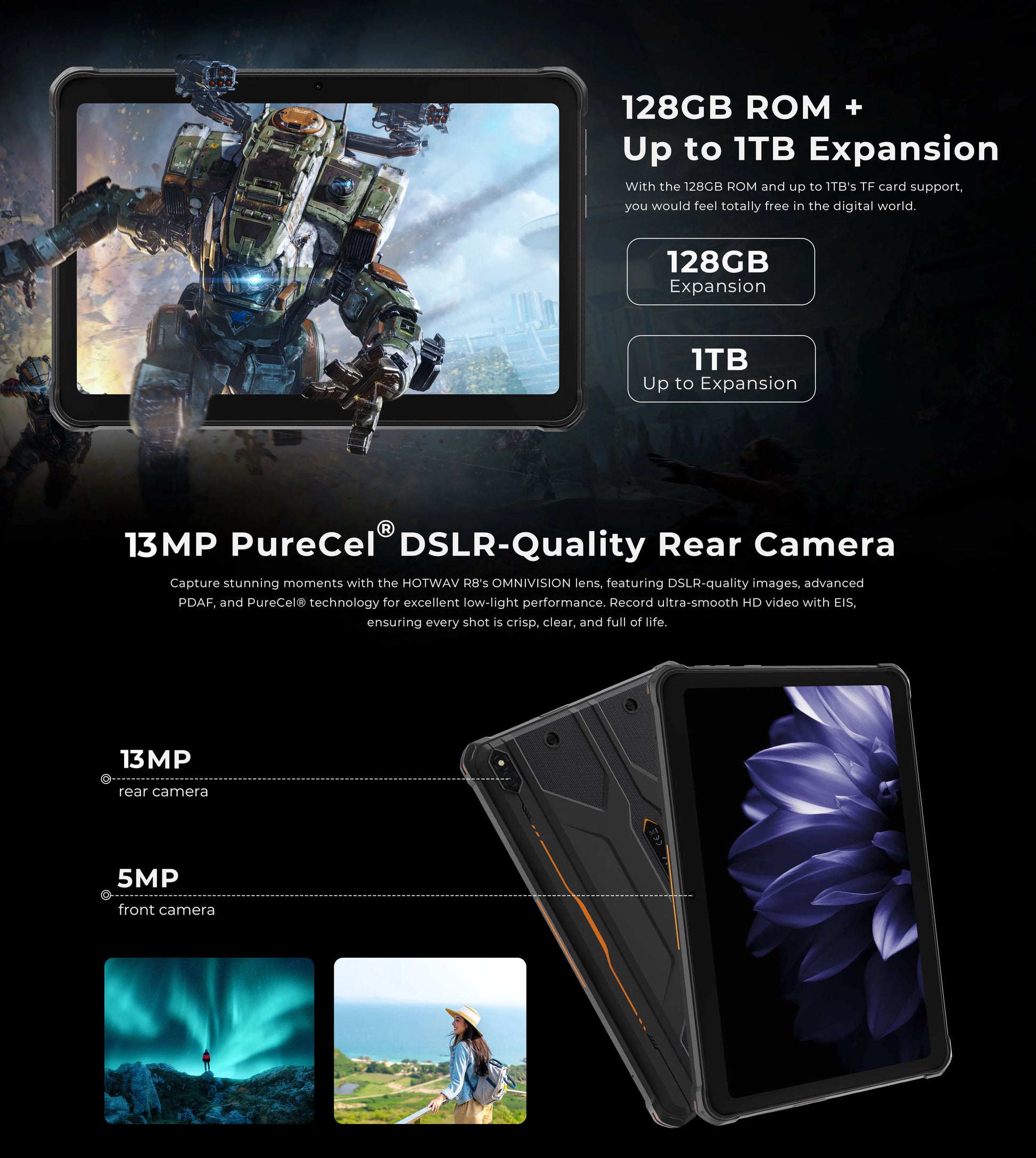 Rugged Tablet HOTWAV R8, 12 (4+8) Go + 128Go, 10.1'', 5MP Front + 13MP Rear Cameras, Android 14.0, 10800mAh Battery, Dual SIM, GPS, 4G.