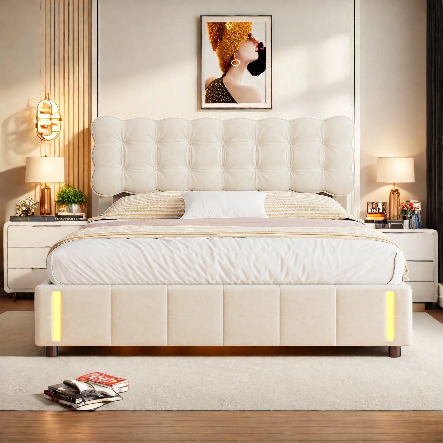 Rosahqnda Kissen Bett Kissen Bett mit Stimmungslicht, gepolstertes Bettgestell in Samtbeige, Kinderbett, ohne Matratze