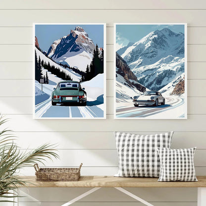 Classic Porsche 911 Alpine Drive Poster Retro Alpine Trip Cartoon Prints Canvas Painting Wall Art Picture Home Living Room Decor.