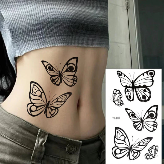 1/6pcs Black Butterfly Fake Tattoo Waterproof Temporary Tattoo Stickers Leg Arm Hand Foot Body Arts Magic Flower Texture Sticker.