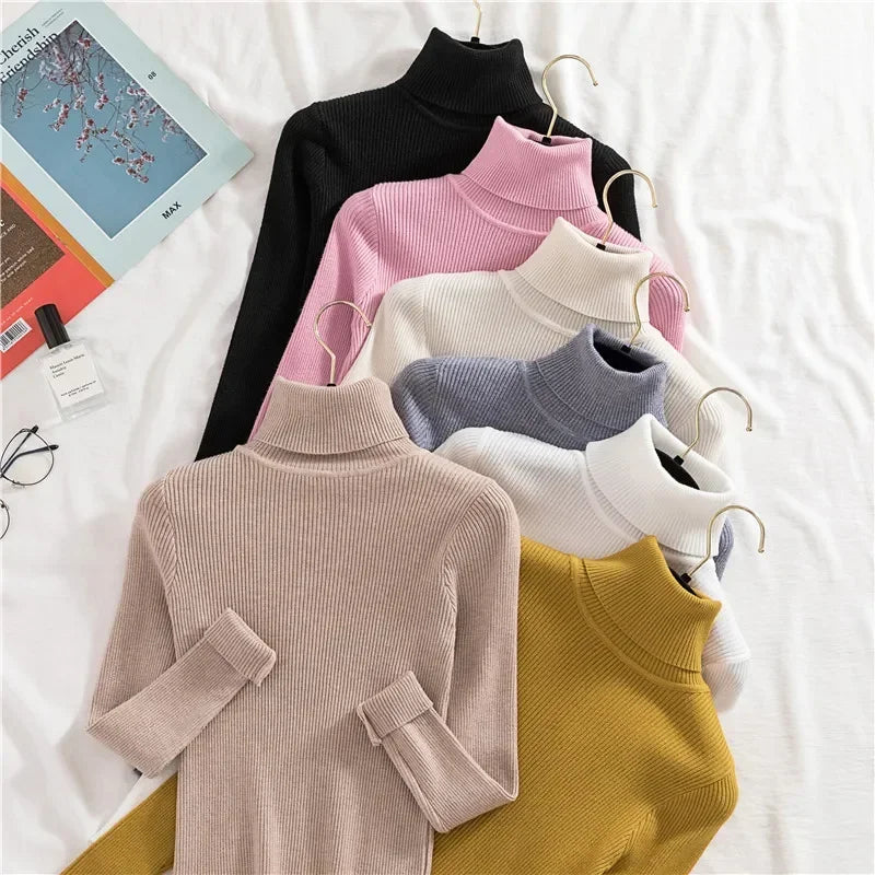 Frauen einfarbig lange Ärmel Roll kragen pullover Strick pullover grundlegende weiche Pullover einfache elegante Mode neu