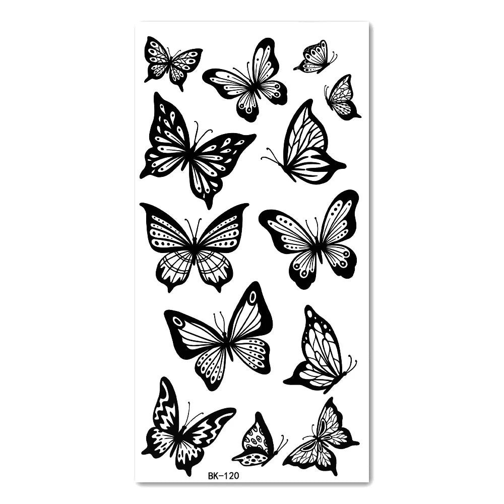 1/6pcs Black Butterfly Fake Tattoo Waterproof Temporary Tattoo Stickers Leg Arm Hand Foot Body Arts Magic Flower Texture Sticker