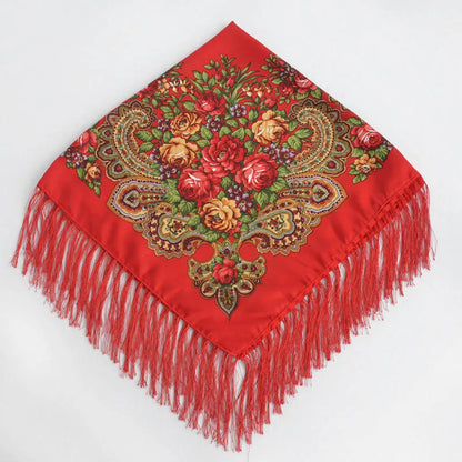 Women Luxury Floral Printed Russian Scarf Ukrainian Fringed Square Scarves Babushka Handkerchief Head Wraps Travel Shawl.