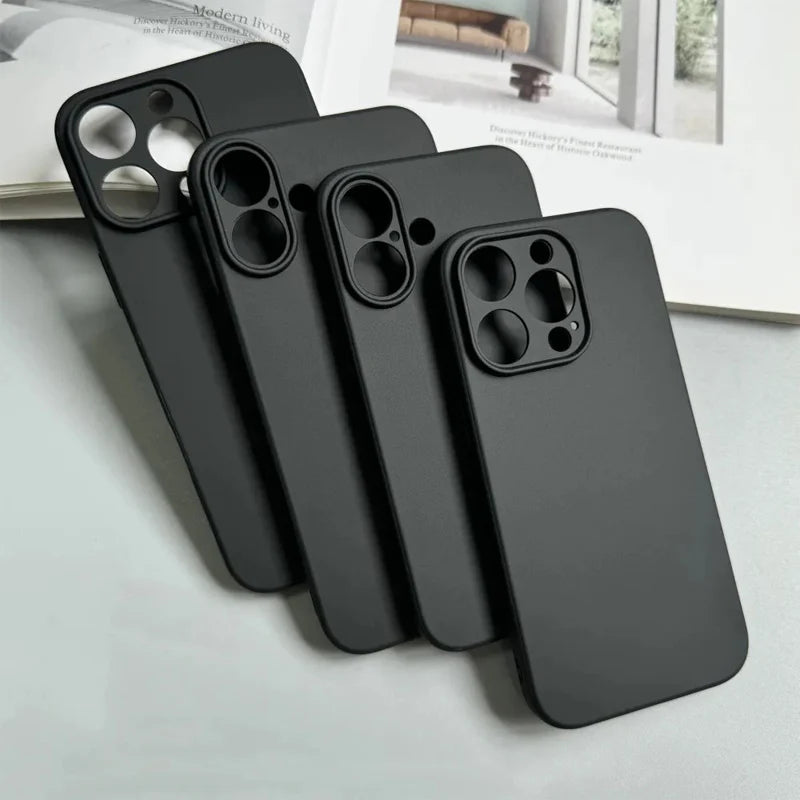 Luxury Black Silicone Matte Phone Case For iPhone 16 15 14 11 12 13 Pro Max 15 Plus 12 Mini 16E Xr X Xs Max Back Cover Soft Case.