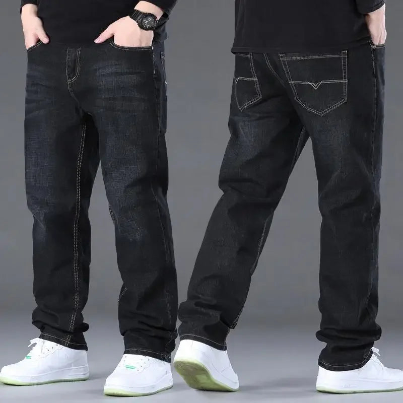 Große Größe Herren Jeans High Stretch Denim Stoff Große Größe Hosen für 45-150 kg Jeans Hombre Jeans mit weitem Bein Pantalon Homme.
